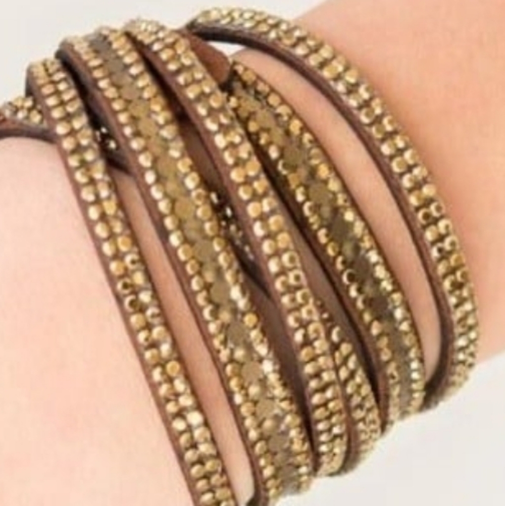 Rock Star Attitude Brass Bracelet Paparazzi Gold Studded Leather Wrap Bracelet - Picture 4 of 4